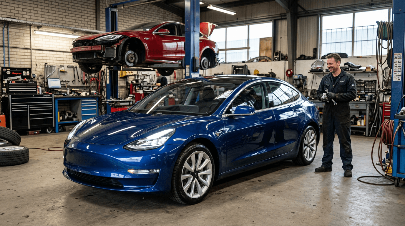 Tesla Model 3 до и после восстановления на СТО, рядом — инвойс запчастей