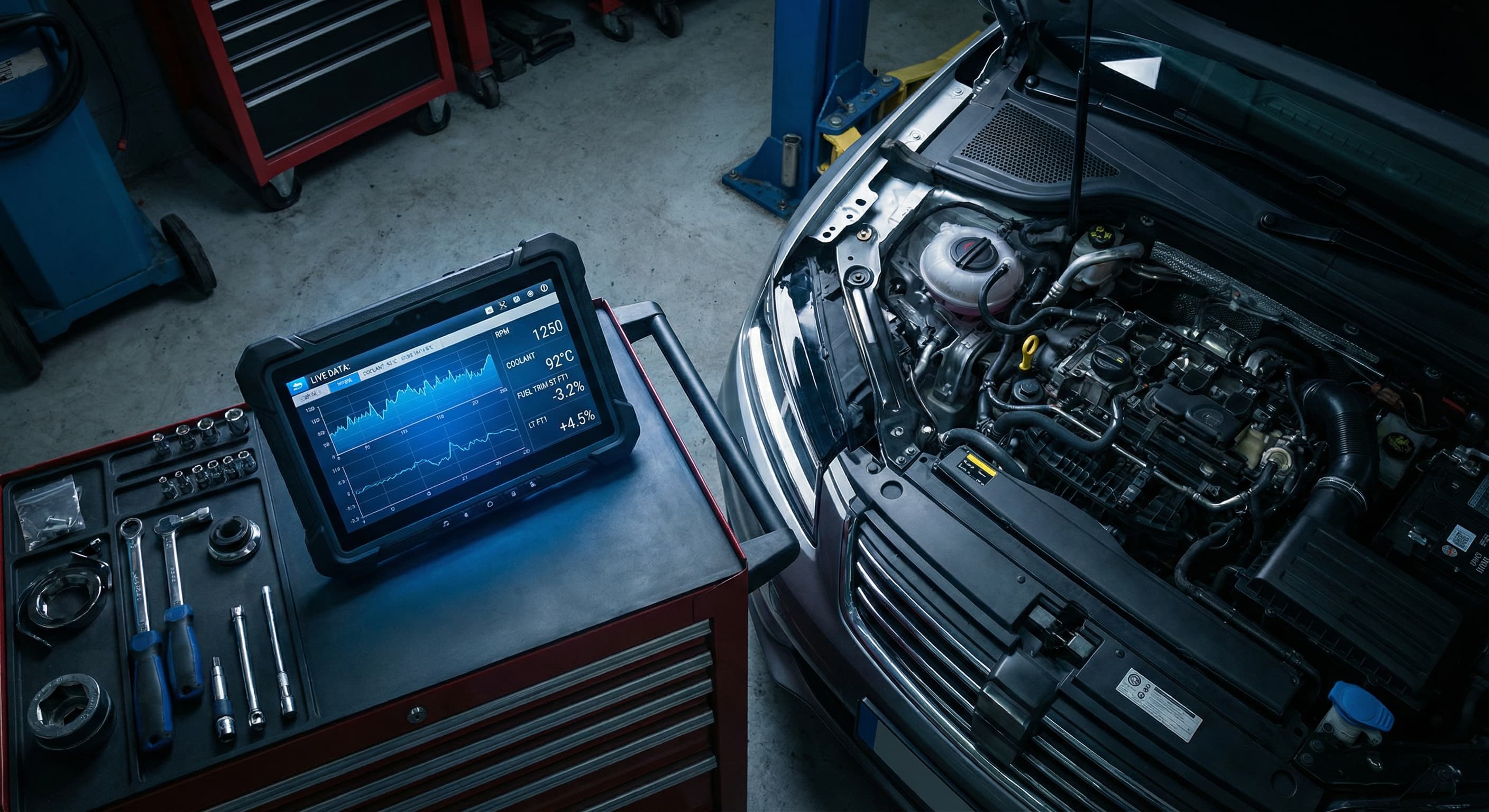 Экран сканера Launch X431 с потоковыми данными Live Data рядом с открытым капотом