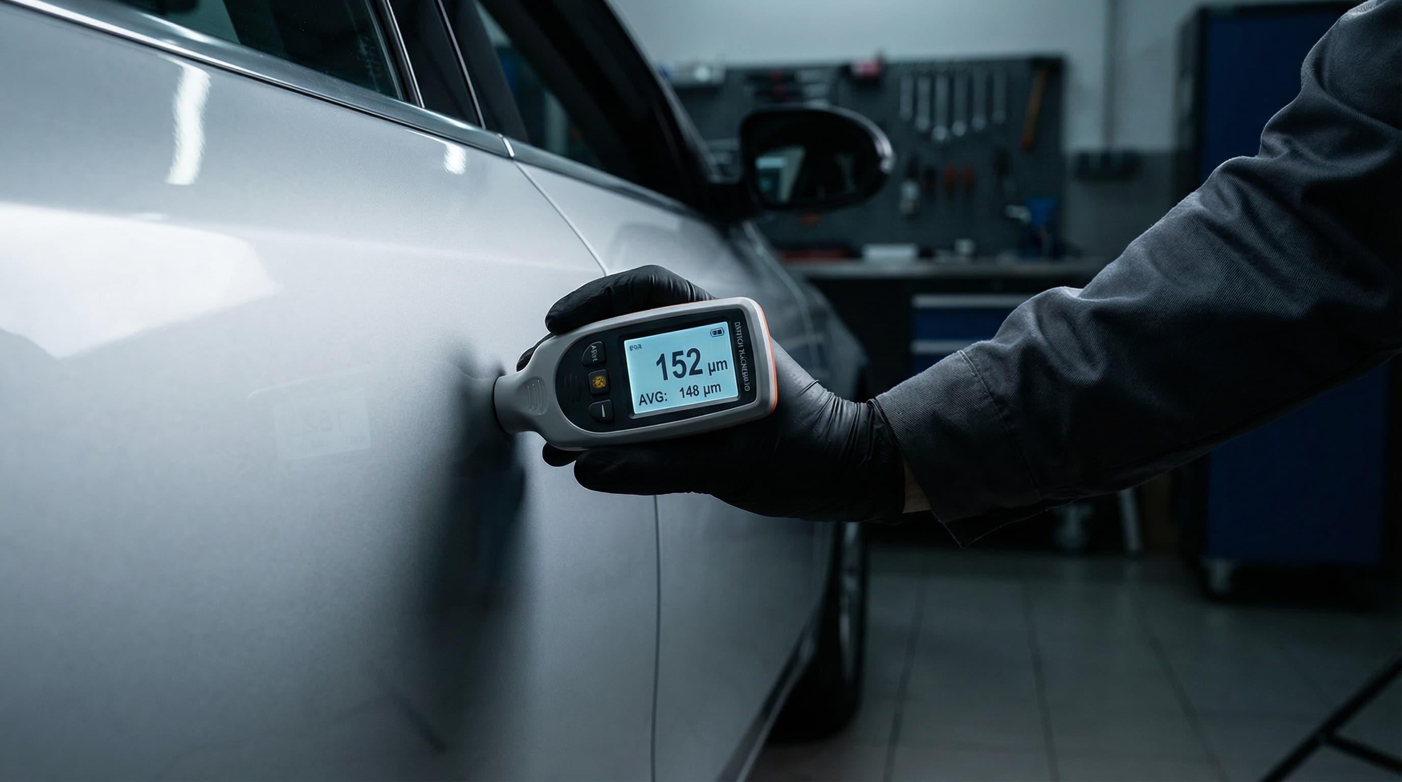 Замер толщины ЛКП толщиномером Etari на стойке авто — 152 микрона