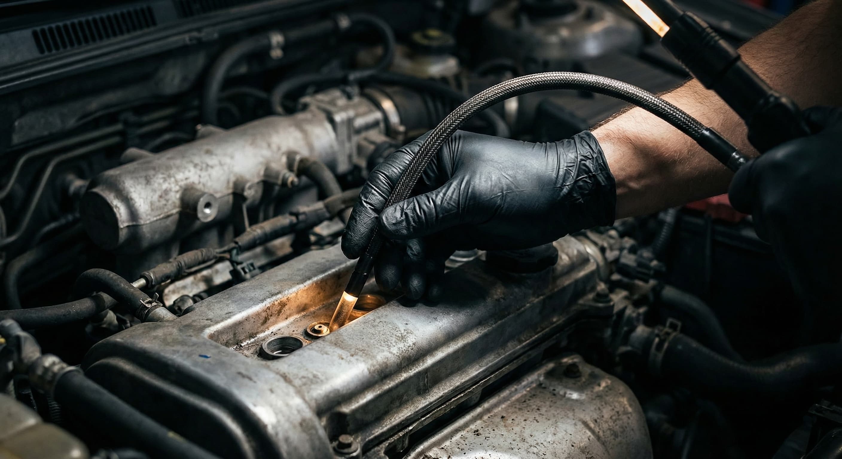 Видеоэндоскопия двигателя — эндоскоп вводится в свечной колодец