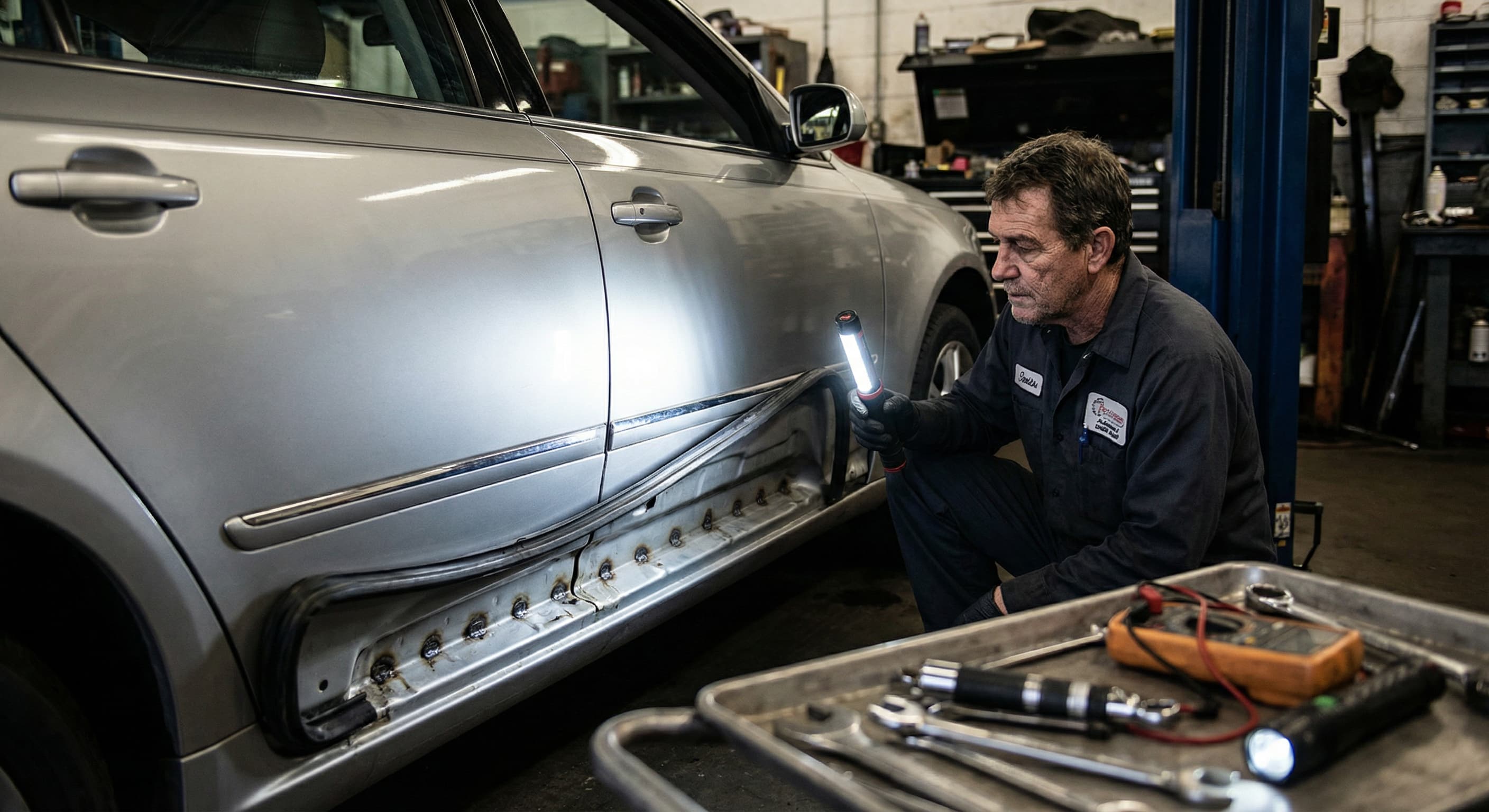 Эксперт осматривает силовую структуру кузова и заводские швы с инспекционным фонарём