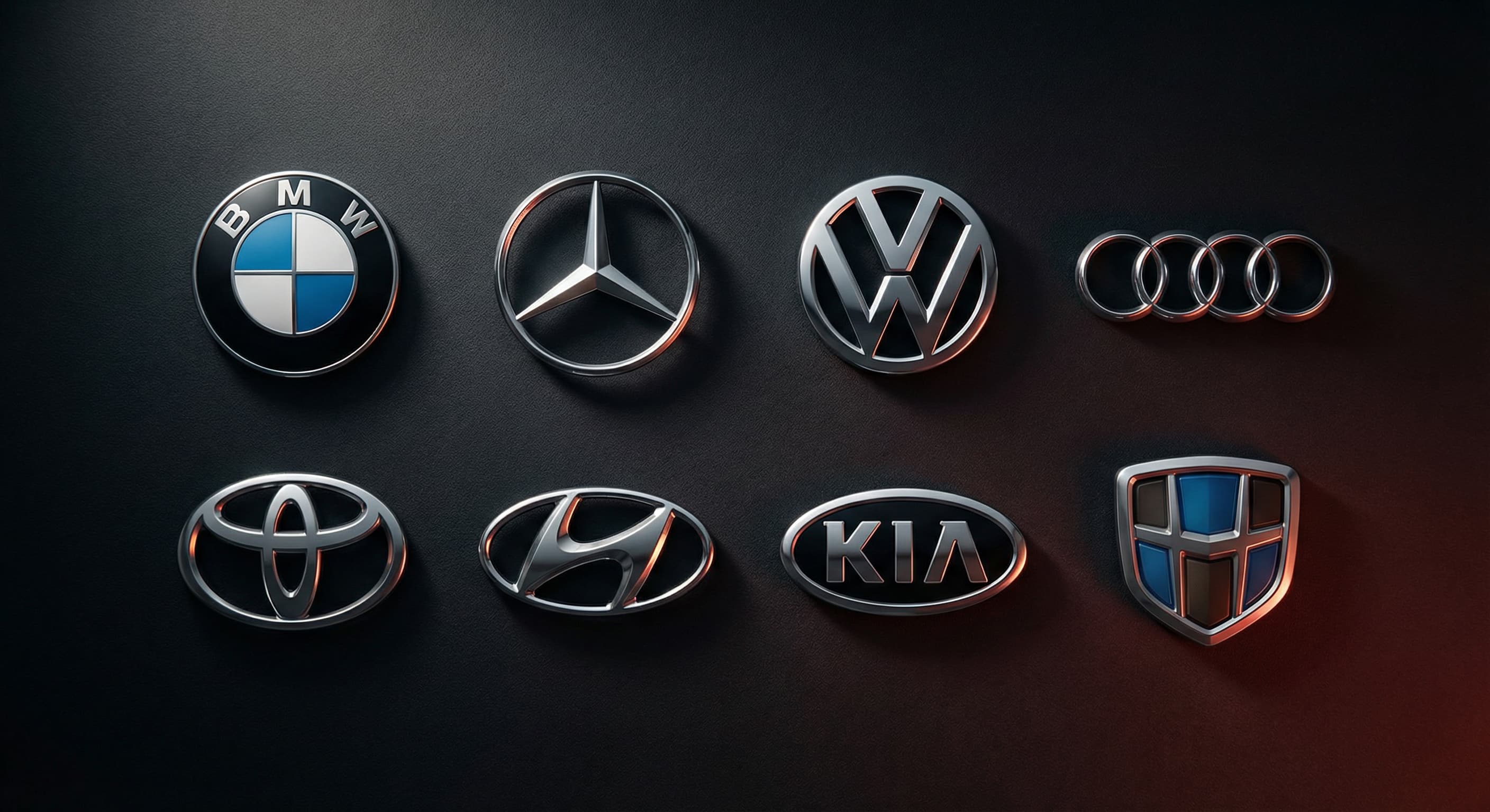 Логотипы автомобильных марок: BMW, Mercedes, Volkswagen, Audi, Toyota, Hyundai, Kia, Geely