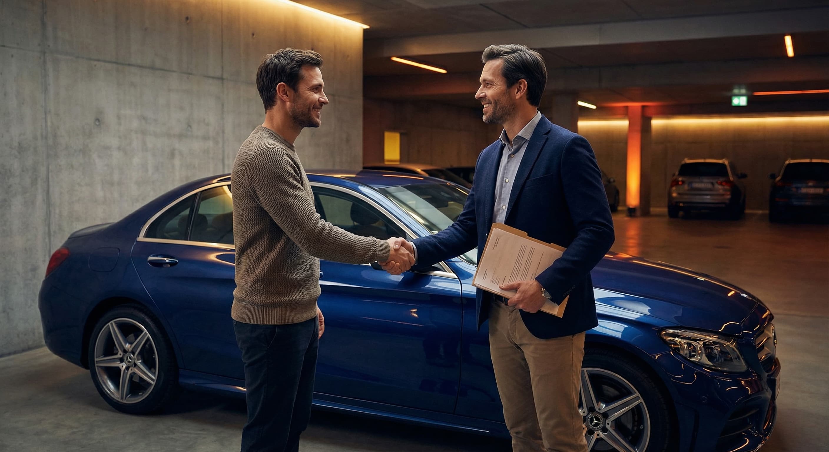 Успешная сделка — эксперт передаёт документы клиенту у подобранного автомобиля
