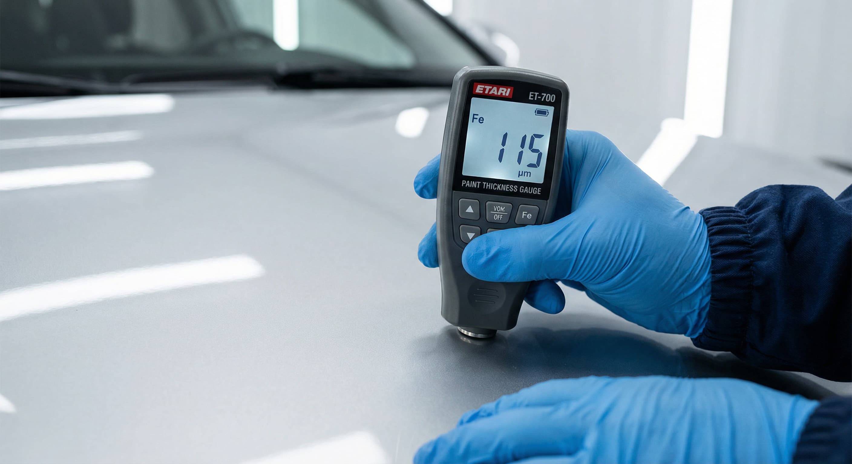Эксперт измеряет толщину ЛКП автомобиля толщиномером Etari